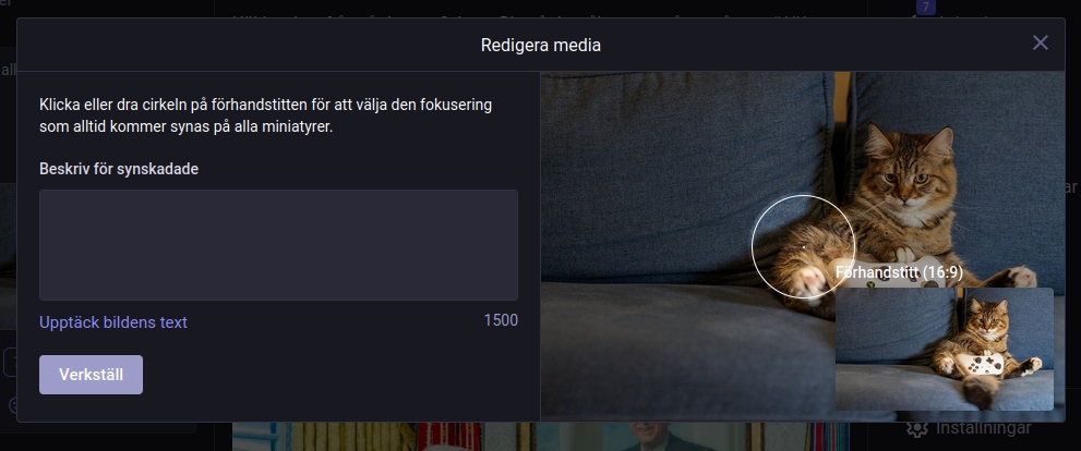 Fönster för att redigera media och sätta fokusplats för bilden