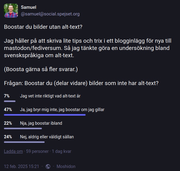 Omröstning om hur folks boostande påverkas av frånvaron av alt-text