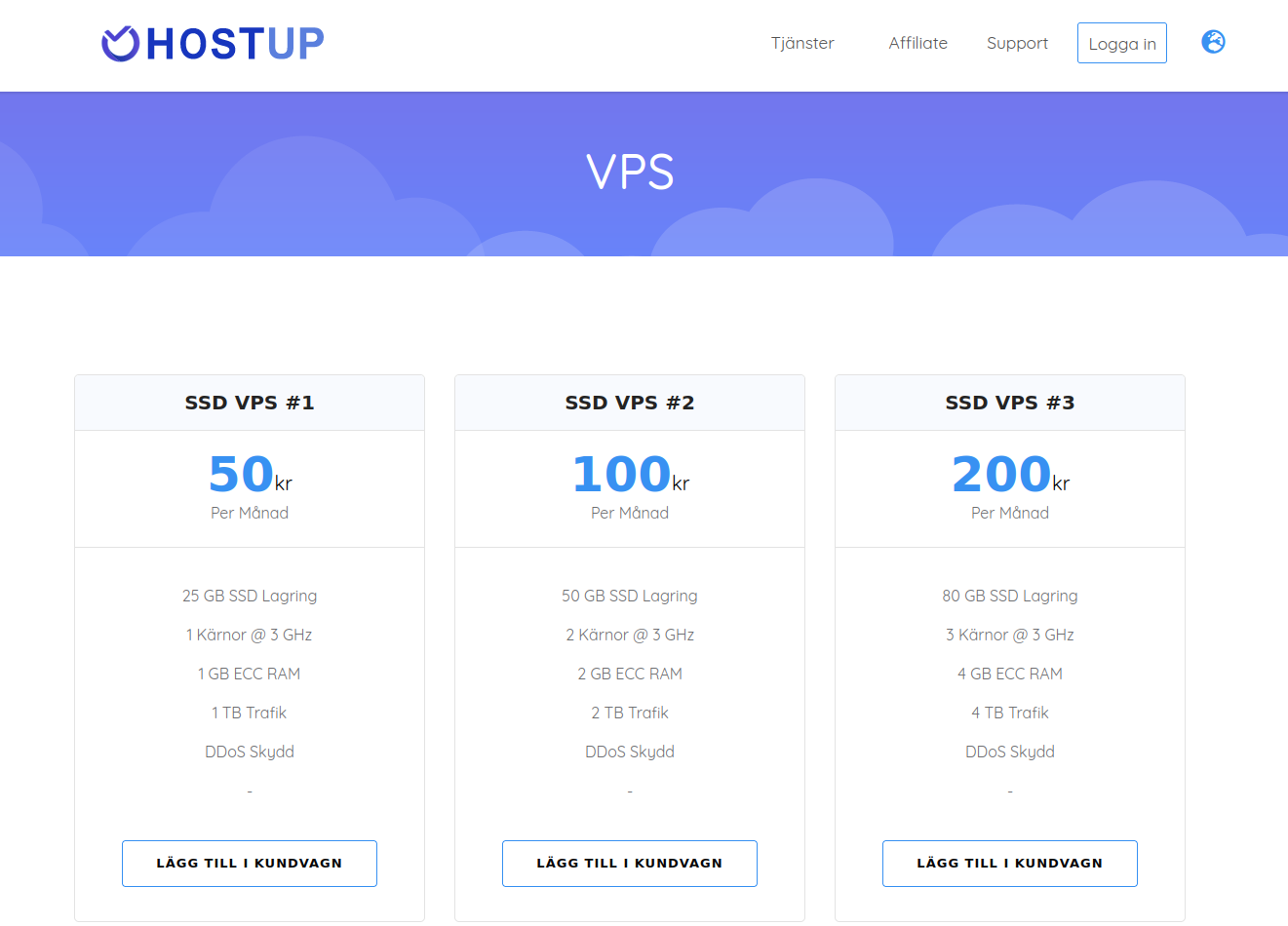 Skärmdump av olika VPS-alternativ hos HostUp