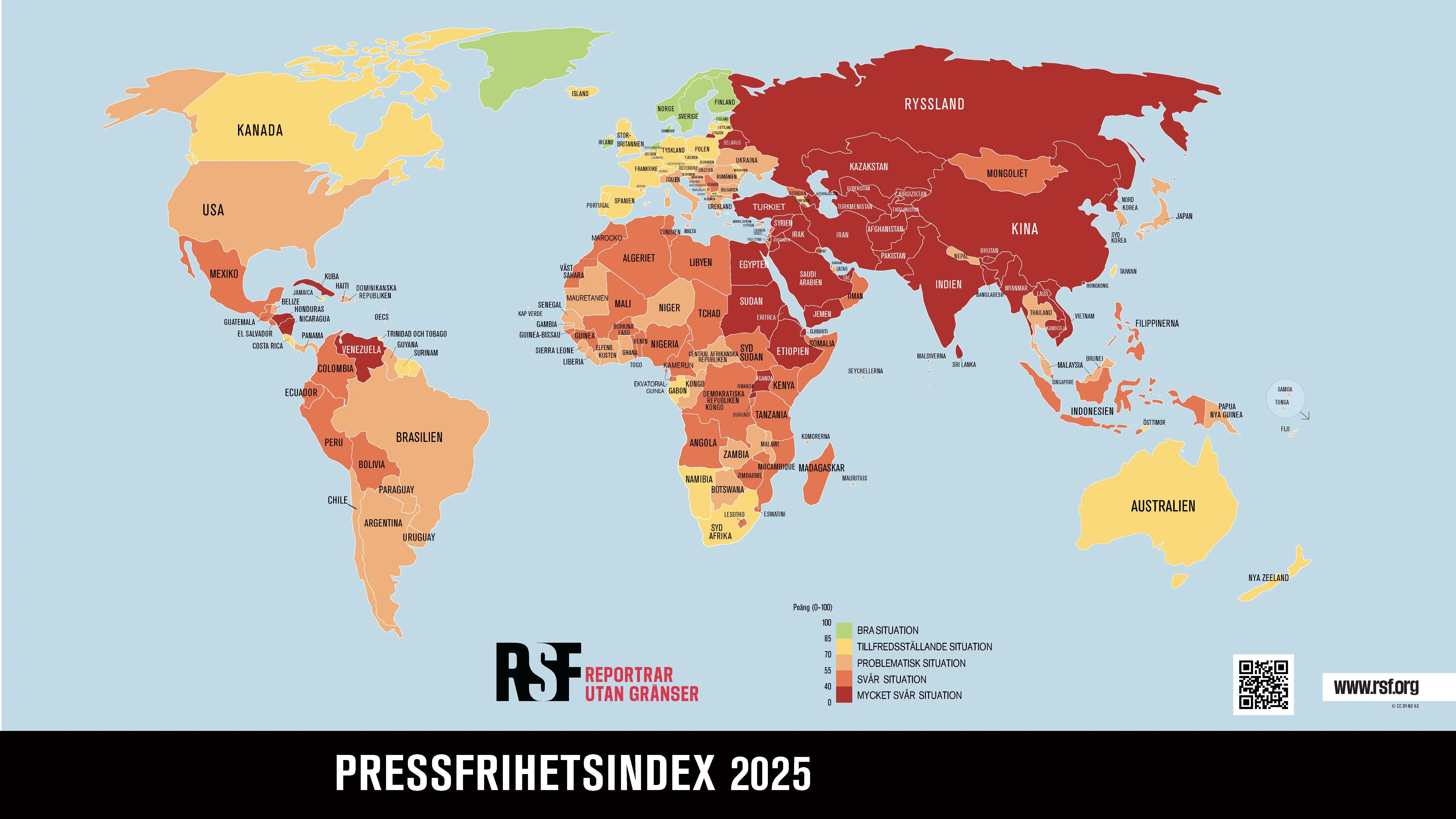 Bild på världskarta i fem olika färger med texten Pressfrihetsindex 2025
